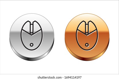 Línea negra Icono de juego del ratón del ordenador aislado en fondo blanco. Óptico con símbolo de rueda. Botón del círculo dorado plateado. Ilustración vectorial