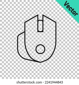 Línea negra Icono de juego del ratón del ordenador aislado en fondo transparente. Óptico con el símbolo de la rueda.  Vector