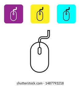 Black line Computer mouse icon isolated on white background. Optical with wheel symbol. Set icons colorful square buttons. Vector Illustration