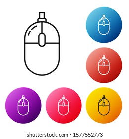 Black line Computer mouse icon isolated on white background. Optical with wheel symbol. Set icons colorful circle buttons. Vector Illustration
