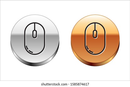 Black line Computer mouse icon isolated on white background. Optical with wheel symbol. Silver-gold circle button. Vector Illustration