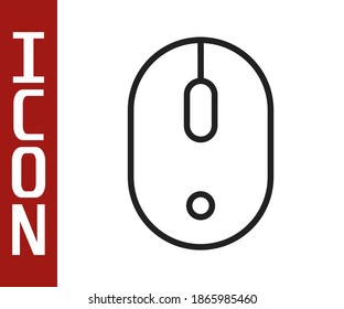 Línea negra Icono del ratón del ordenador aislado en fondo blanco. Óptico con el símbolo de la rueda.  Vector