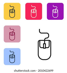 Black line Computer mouse icon isolated on white background. Optical with wheel symbol. Set icons in color square buttons. Vector Illustration