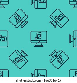 Black line Computer with music note symbol on screen icon isolated seamless pattern on green background.  Vector Illustration