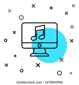 Black line Computer with music note symbol on screen icon isolated on white background. Random dynamic shapes. Vector Illustration