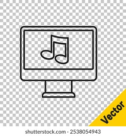 Linha preta Computador com símbolo de nota de música na tela ícone isolado no fundo transparente.  Vetor