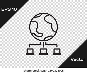 Black line Computer network icon isolated on transparent background. Online gaming. Laptop network. Internet connection.  Vector Illustration