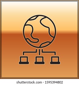 Black line Computer network icon isolated on gold background. Online gaming. Laptop network. Internet connection.  Vector Illustration