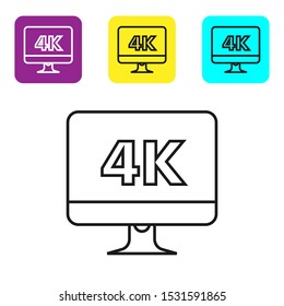 Black line Computer PC monitor display with 4k video technology icon isolated on white background. Set icons colorful square buttons. Vector Illustration