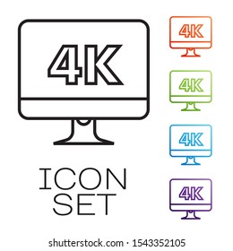 Black line Computer PC monitor display with 4k video technology icon isolated on white background. Set icons colorful. Vector Illustration