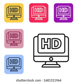 Black line Computer PC monitor display with HD video technology icon isolated on white background. Set icons in color square buttons. Vector Illustration