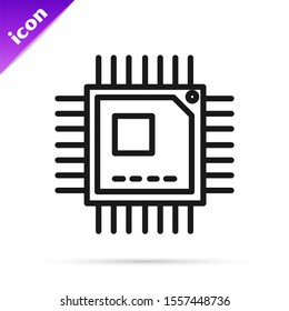 Black line Computer processor with microcircuits CPU icon isolated on white background. Chip or cpu with circuit board sign. Micro processor.  Vector Illustration