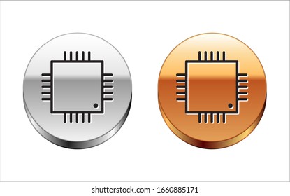 Black line Computer processor with microcircuits CPU icon isolated on white background. Chip or cpu with circuit board sign. Micro processor. Silver-gold circle button. Vector Illustration