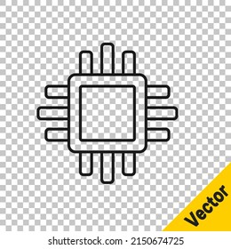 Black line Computer processor with microcircuits CPU icon isolated on transparent background. Chip or cpu with circuit board. Micro processor.  Vector
