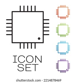 Black line Computer processor with microcircuits CPU icon isolated on white background. Chip or cpu with circuit board sign. Micro processor. Set icons colorful. Vector Illustration