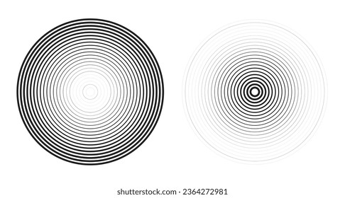 conjunto de círculos de ondas concentradas de línea negra. Colección de anillos de ondas sonoras o sonoras. Epicentro, objetivo, concepto de icono de radar. Elementos de señal radial o vibración. Vector 10 eps.