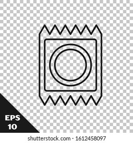 Black line Condom in package icon isolated on transparent background. Safe love symbol. Contraceptive method for male.  Vector Illustration