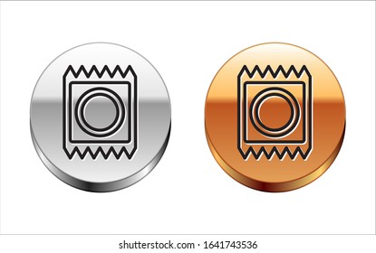 Black line Condom in package icon isolated on white background. Safe love symbol. Contraceptive method for male. Silver-gold circle button. Vector Illustration
