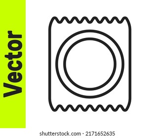 Icono de condón de línea negra en el paquete aislado en fondo blanco. Símbolo de amor seguro. Método anticonceptivo para hombres.  Vector