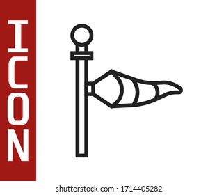 Black line Cone meteorology windsock wind vane icon isolated on white background. Windsock indicate the direction and strength of the wind.  Vector Illustration