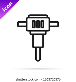 Icono de jackhammer de la construcción de la línea negra aislado en fondo blanco.  Vector