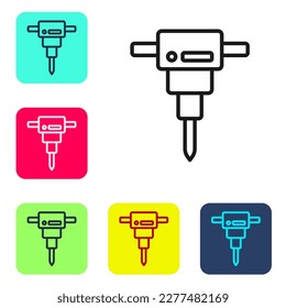 Schwarze Linie Konstruktionsjackhammer Symbol einzeln auf weißem Hintergrund. Die Symbole werden in den Tasten für das Farbquadrat eingestellt. Vektorgrafik