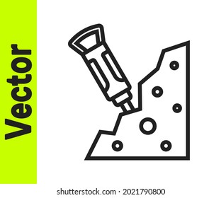 Línea negra Martillo de construcción e icono de piedra aislado en fondo blanco.  Vector