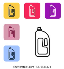 Black line Container with drain cleaner icon isolated on white background. Detergent in plastic bottle. Set icons in color square buttons. Vector Illustration