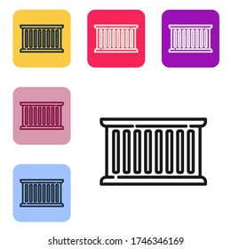 Black line Container icon isolated on white background. Crane lifts a container with cargo. Set icons in color square buttons. Vector Illustration