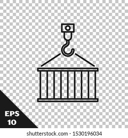 Black line Container on crane icon isolated on transparent background. Crane lifts a container with cargo.  Vector Illustration