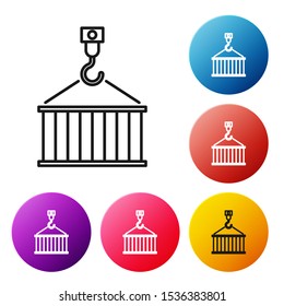 Black line Container on crane icon isolated on white background. Crane lifts a container with cargo. Set icons colorful circle buttons. Vector Illustration