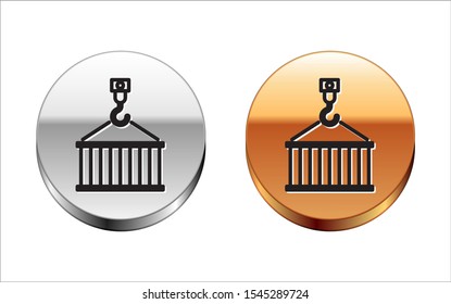 Black line Container on crane icon isolated on white background. Crane lifts a container with cargo. Silver-gold circle button. Vector Illustration