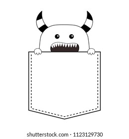 Black line contour monster silhouette in the pocket. Holding paw hands. Cute cartoon scary funny spooky character. Happy Halloween. Baby collection. T-shirt design. White background Flat design Vector