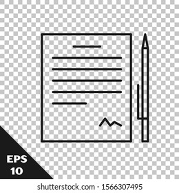 Black line Contract with pen icon isolated on transparent background. File icon. Checklist icon. Business concept.  Vector Illustration