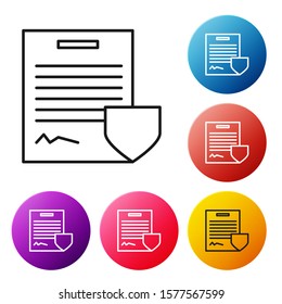 Black line Contract with shield icon isolated on white background. Insurance concept. Security, safety, protection, protect concept. Set icons colorful circle buttons. Vector Illustration