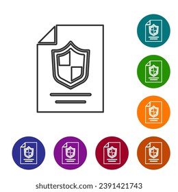 Black line Contract with shield icon isolated on white background. Insurance concept. Security, safety, protection, protect concept. Set icons in color circle buttons. Vector