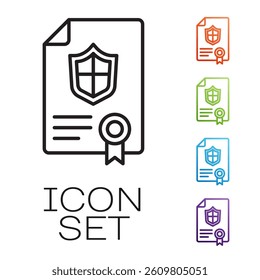 Black line Contract with shield icon isolated on white background. Insurance concept. Security, safety, protection, protect concept. Set icons colorful. Vector
