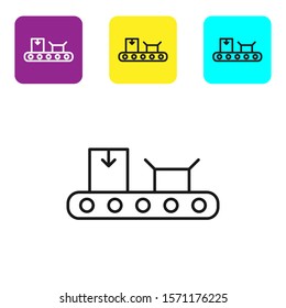 Black line Conveyor belt with cardboard box icon isolated on white background. Set icons colorful square buttons. Vector Illustration