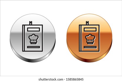 Black line Cookbook icon isolated on white background. Cooking book icon. Recipe book. Fork and knife icons. Cutlery symbol. Silver-gold circle button. Vector Illustration