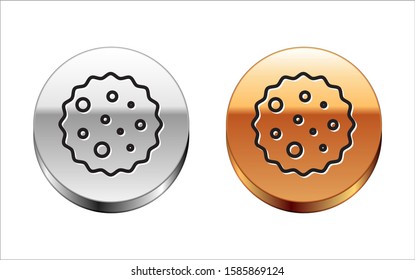 Black line Cookie or biscuit with chocolate icon isolated on white background. Silver-gold circle button. Vector Illustration