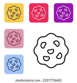 Cookie de línea negra o bizcocho con icono de chocolate aislado en fondo blanco. Establezca iconos en los botones cuadrados de color. Vector