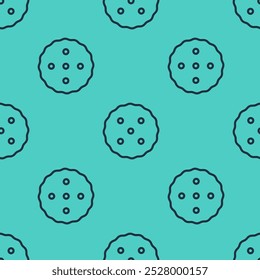 Black line Cookie or biscuit with chocolate icon isolated seamless pattern on green background.  Vector