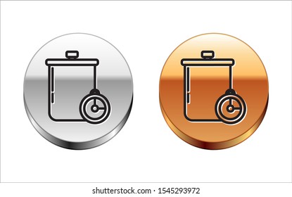 Black line Cooking pot and kitchen timer icon isolated on white background. Boil or stew food symbol. Silver-gold circle button. Vector Illustration