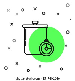 Black line Cooking pot and kitchen timer icon isolated on white background. Boil or stew food symbol.  Vector Illustration