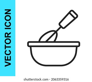 Black Line Cooking Whisk With Bowl Icon Isolated On White Background. Cooking Utensil, Egg Beater. Cutlery Sign. Food Mix Symbol.  Vector