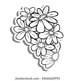 Black line Corner Daisy Bouquet on white silhouette and gray shadow. Hand drawn cartoon style. Vector illustration for decorate, coloring and any design.