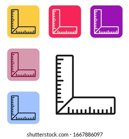 Black line Corner ruler icon isolated on white background. Setsquare, angle ruler, carpentry, measuring utensil, scale. Set icons in color square buttons. Vector Illustration