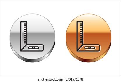 Black line Corner ruler icon isolated on white background. Set square, angle ruler, carpentry, measuring utensil, scale. Silver-gold circle button. Vector Illustration
