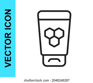 Black line Cosmetic tube with honey icon isolated on white background. Natural skin care.  Vector