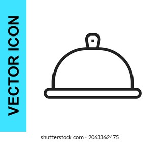 Black line Covered with a tray of food icon isolated on white background. Tray and lid sign. Restaurant cloche with lid.  Vector